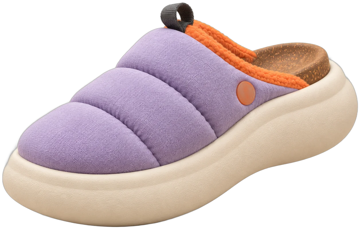 The Lounger at a three-quarter angle, toe tilted up as if lounging: quilted lilac upper with three stitched channels, cork footbed, thick oat sole