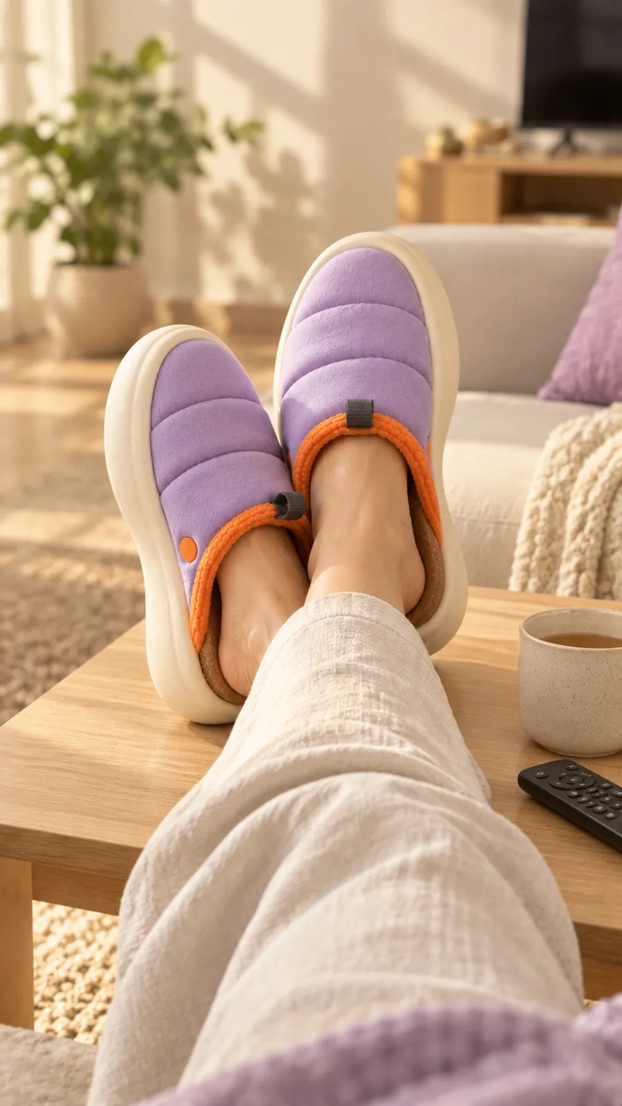 Feet in Loungers crossed on a pale wooden coffee table next to a mug of tea and a TV remote