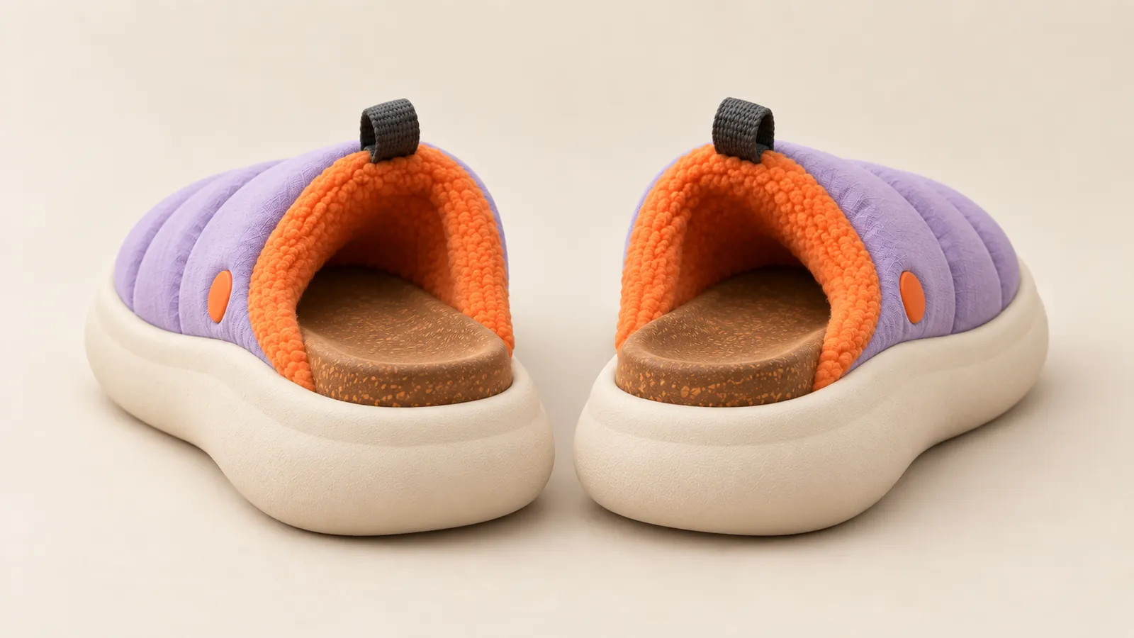 A pair of Loungers from behind, open heels and cork footbeds, splayed outwards