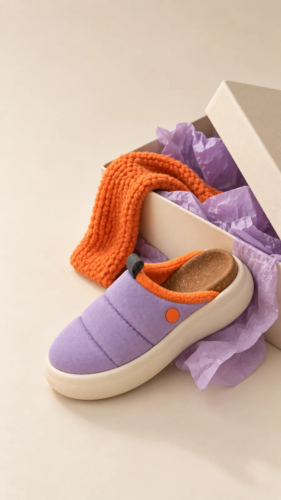 An oat shoebox with its lid propped against it, lilac tissue spilling out, a Lounger lying on its side next to an orange knitted blanket