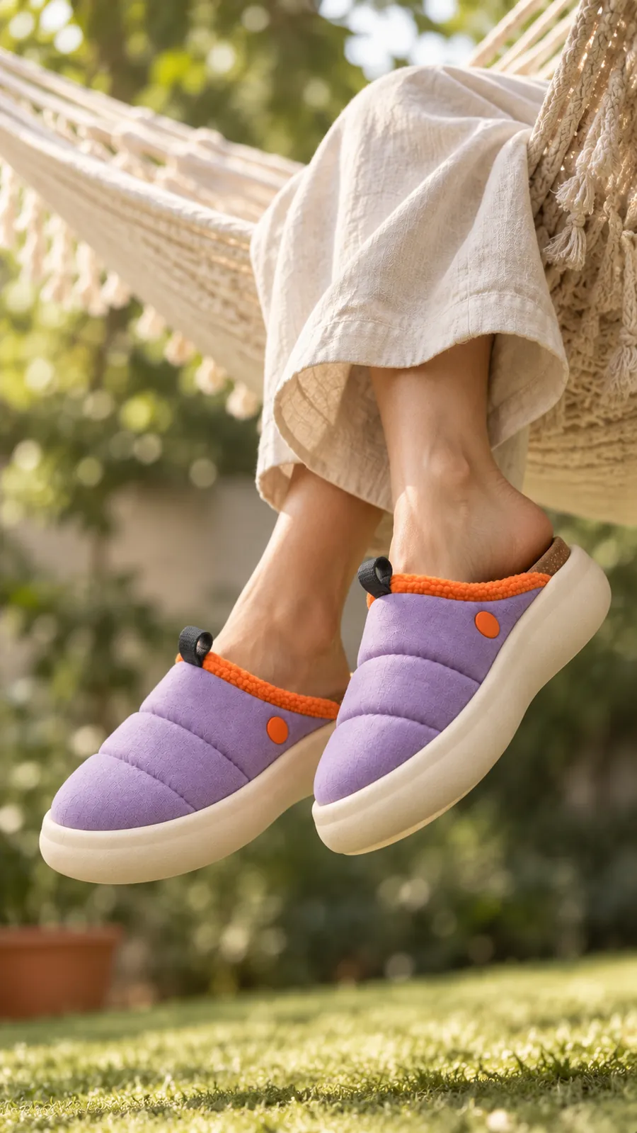 Feet in Loungers hanging over the edge of a cream hammock in a sunny garden